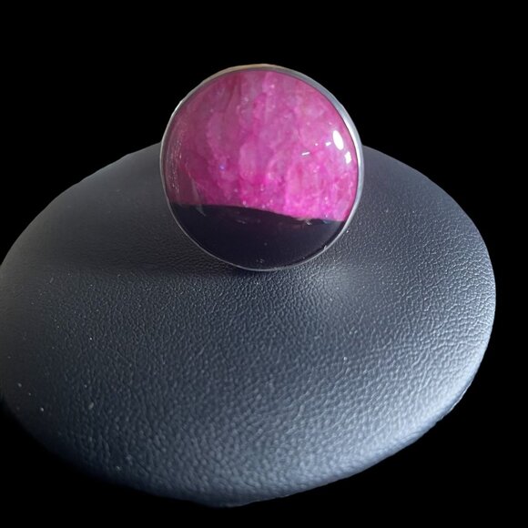 Handcrafted Pink & Black Sterling Silver Statement Ring Artistic Gift Modern - Picture 3 of 8